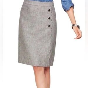 Wool blend herringbone scalloped faux wrap skirt with crested buttons Talbots